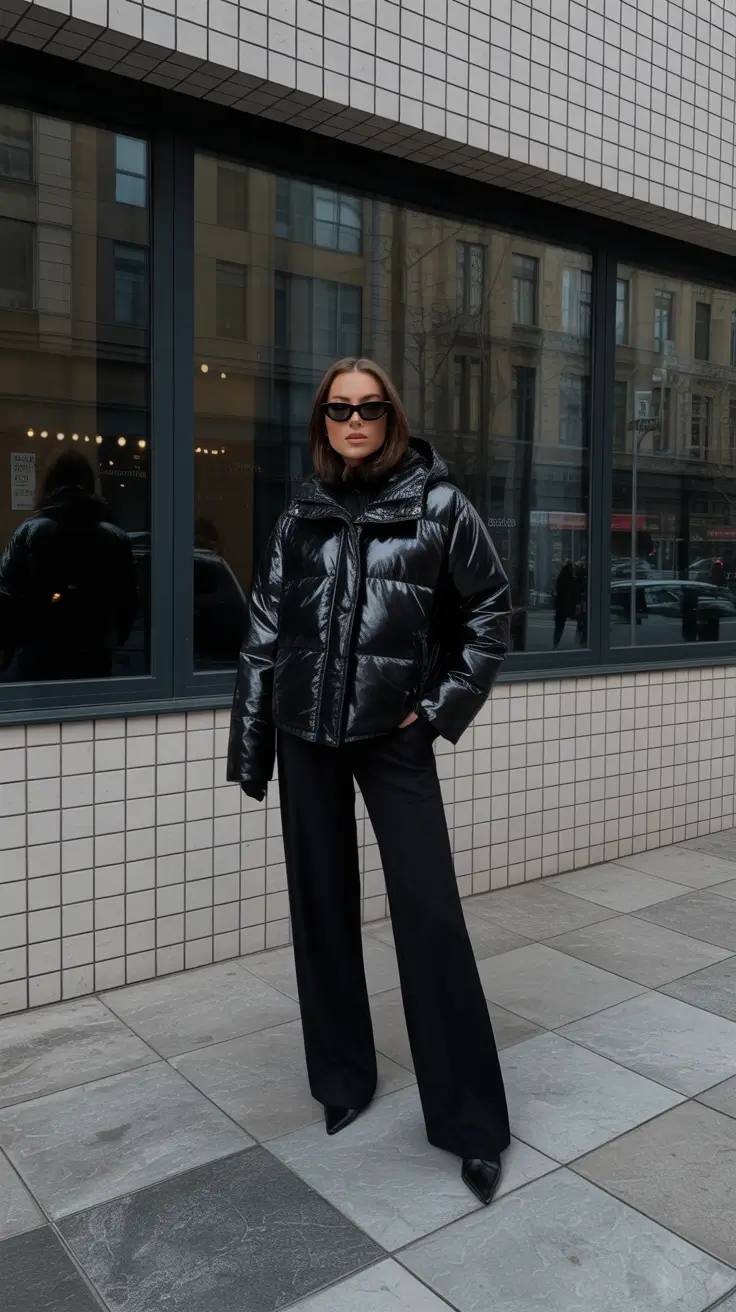 Puffer Jacket Outfit Ideas Winter 2025 - 2026 - Night-Gloss Minimalism - Short Black Puff With Tailored Pants