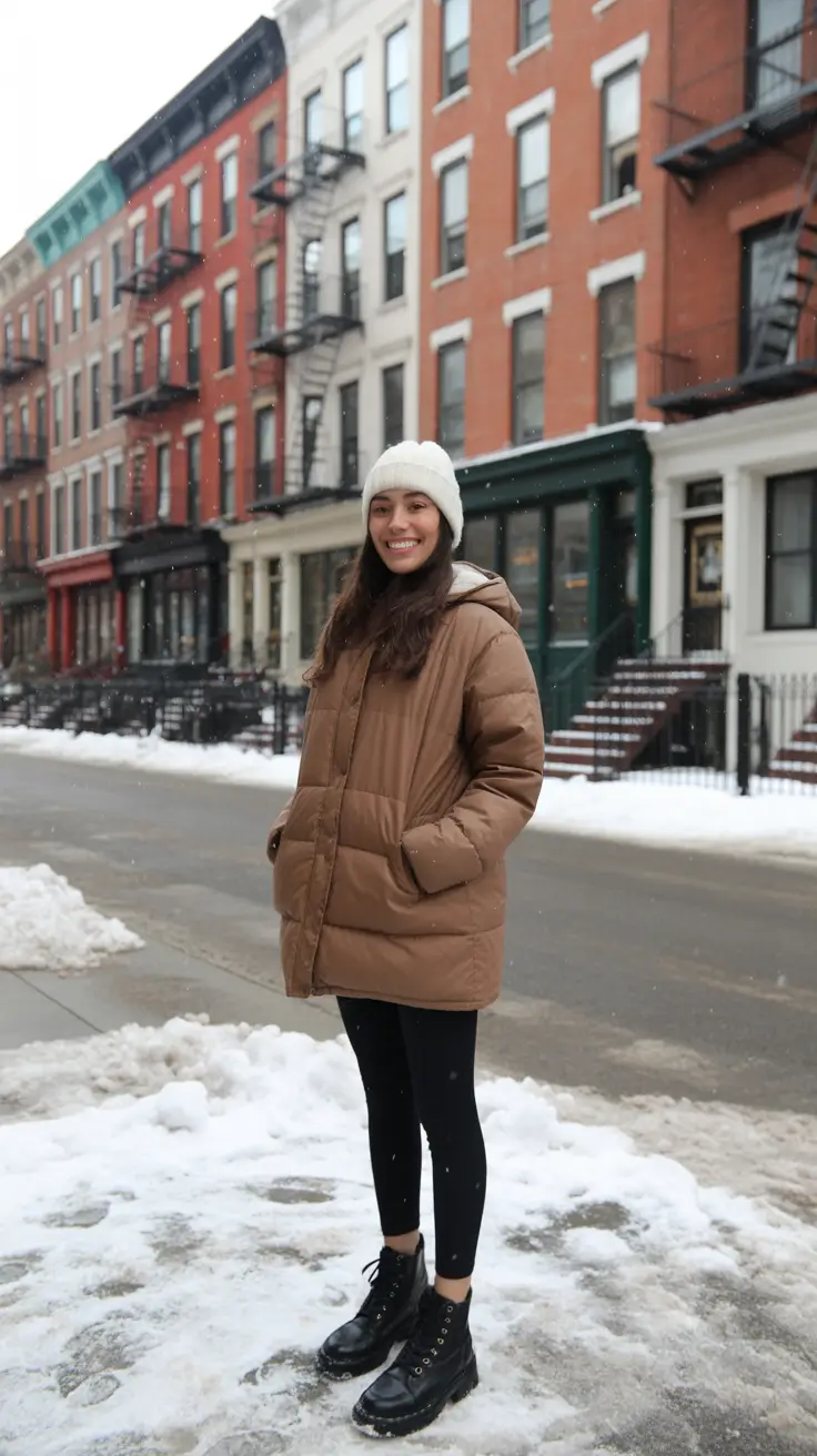 Puffer Jacket Outfit Ideas Winter 2025 - 2026 - Warm Caramel Cozy - Beige Puff With Leggings and Boots