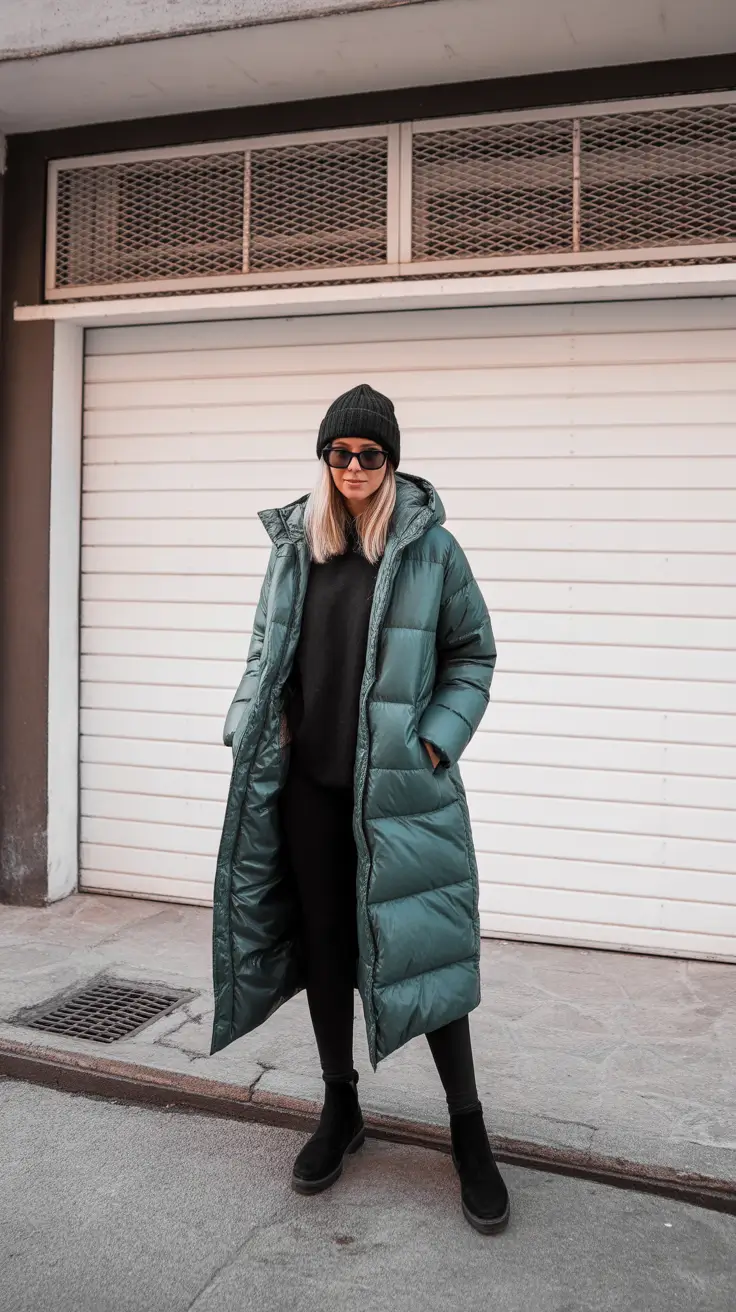 Forest Green Maxi Puffer With All-Black Layers