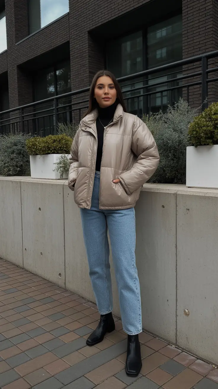 Puffer Jacket Outfit Ideas Winter 2025 - 2026 - Beige Short Puffer With Black Turtleneck and Light Denim