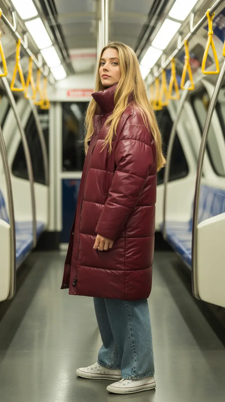 Puffer Jacket Outfit Ideas Winter 2025 - 2026 - Wine Longline Puffer With Denim and White Chucks