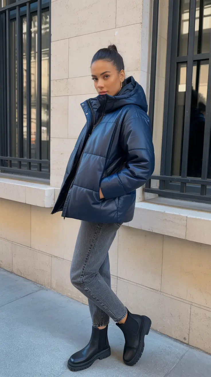 Puffer Jacket Outfit Ideas Winter 2025-2026 - Navy Puff With Charcoal Skinnies - Sleek Street Edit
