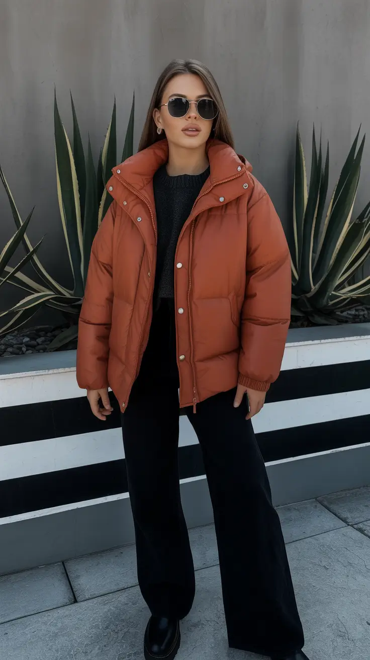 Puffer Jacket Outfit Ideas Winter 2025 - 2026 - Burnt-Orange Puffer With Wide-Leg Black Trousers