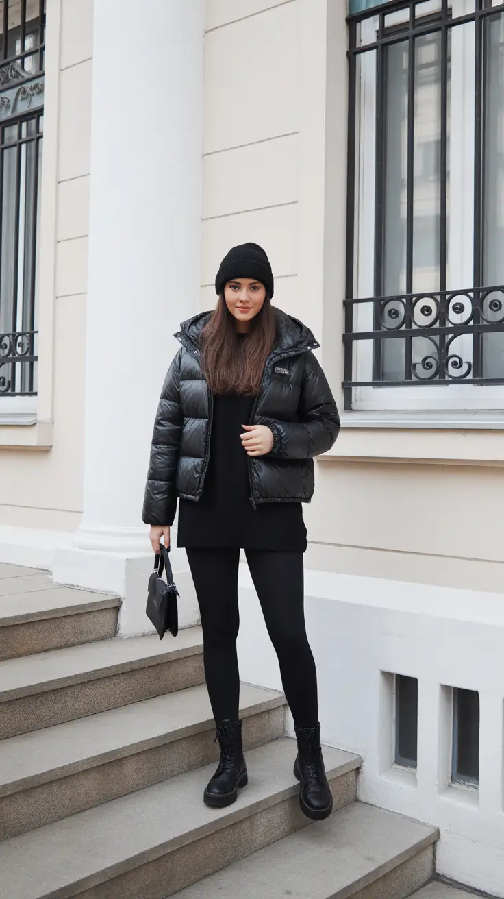 Puffer Jacket Outfit Ideas Winter 2025-2026 - Monochrome Black - Leggings, Mini Puffer, and Combat Boots