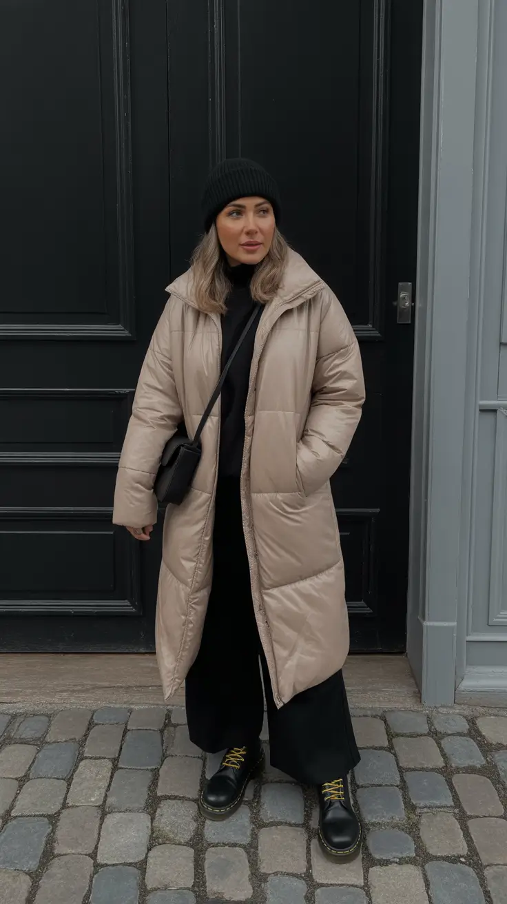 Puffer Jacket Outfit Ideas Winter 2025-2026 - Soft Beige Maxi Puffer - Wide-Leg Ease