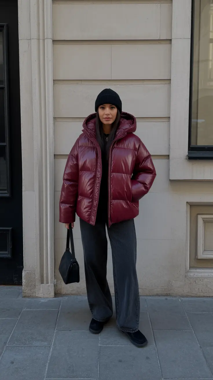 Puffer Jacket Outfit Ideas Winter 2025-2026 - Burgundy Shine - Cropped Puffer With Relaxed Charcoal Jeans