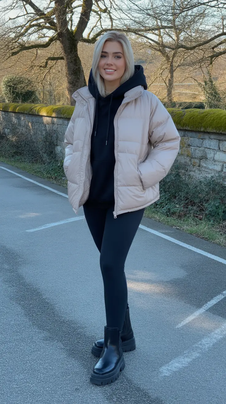 Puffer Jacket Outfit Ideas Winter 2025 - 2026 - Beige Puffer, Black Hoodie, Leggings and Lug Boots