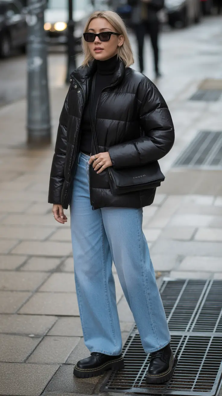 Puffer Jacket Outfit Ideas Winter 2025 - 2026 - Petite Black Puffer Paired with Pale Blue Wide-Leg and Tinted Shades