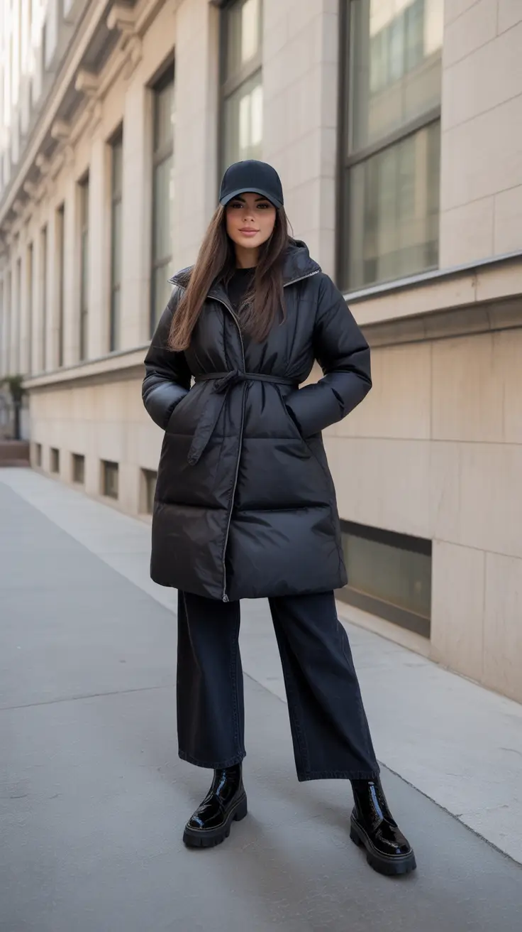 Puffer Jacket Outfit Ideas Winter 2025 - 2026 - Long Belted Puffer, All-Black City Uniform