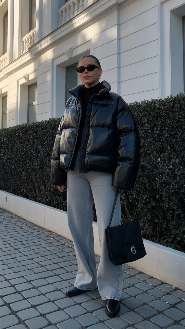 Puffer Jacket Outfit Ideas Winter 2025 - 2026 - Glossy Puffer with Soft-Gray Flares and Quilted Bag