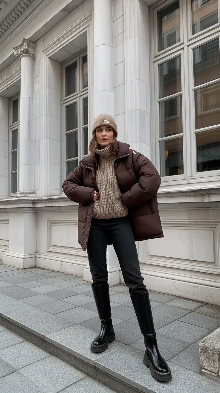 Trendy Winter Fashion Outfits 2025 - 2026 - Mocha Puffer With Chunky Knit And Tall Boots