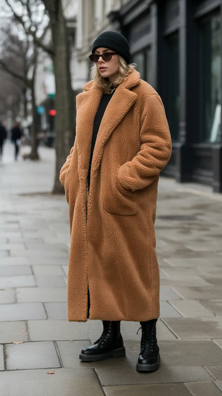 Trendy Winter Fashion Outfits 2025 - 2026 - Maxi Teddy Coat With Black Base And Combat Boots