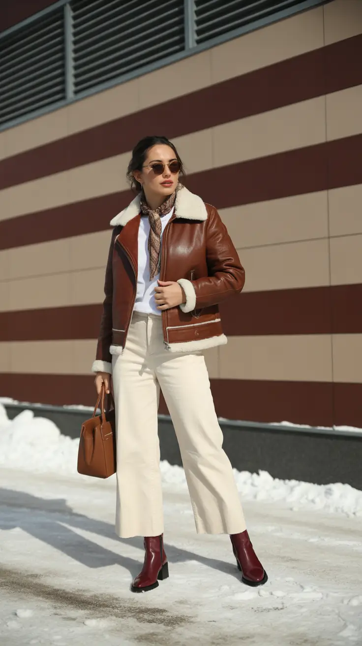 Trendy Winter Fashion Outfits 2025 - 2026 - Heritage Aviator With Winter Whites And Wine Boots