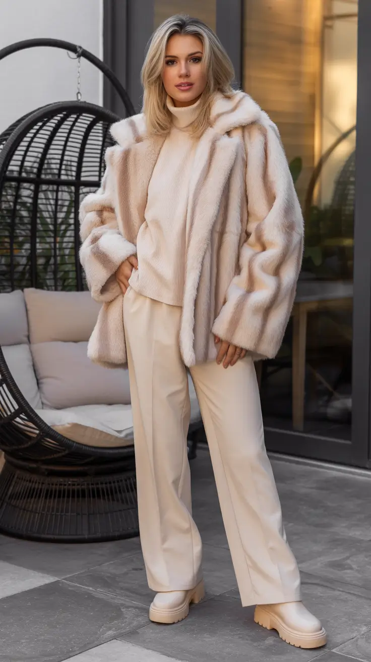 All-Cream Monochrome Outfit with Faux Fur Softness