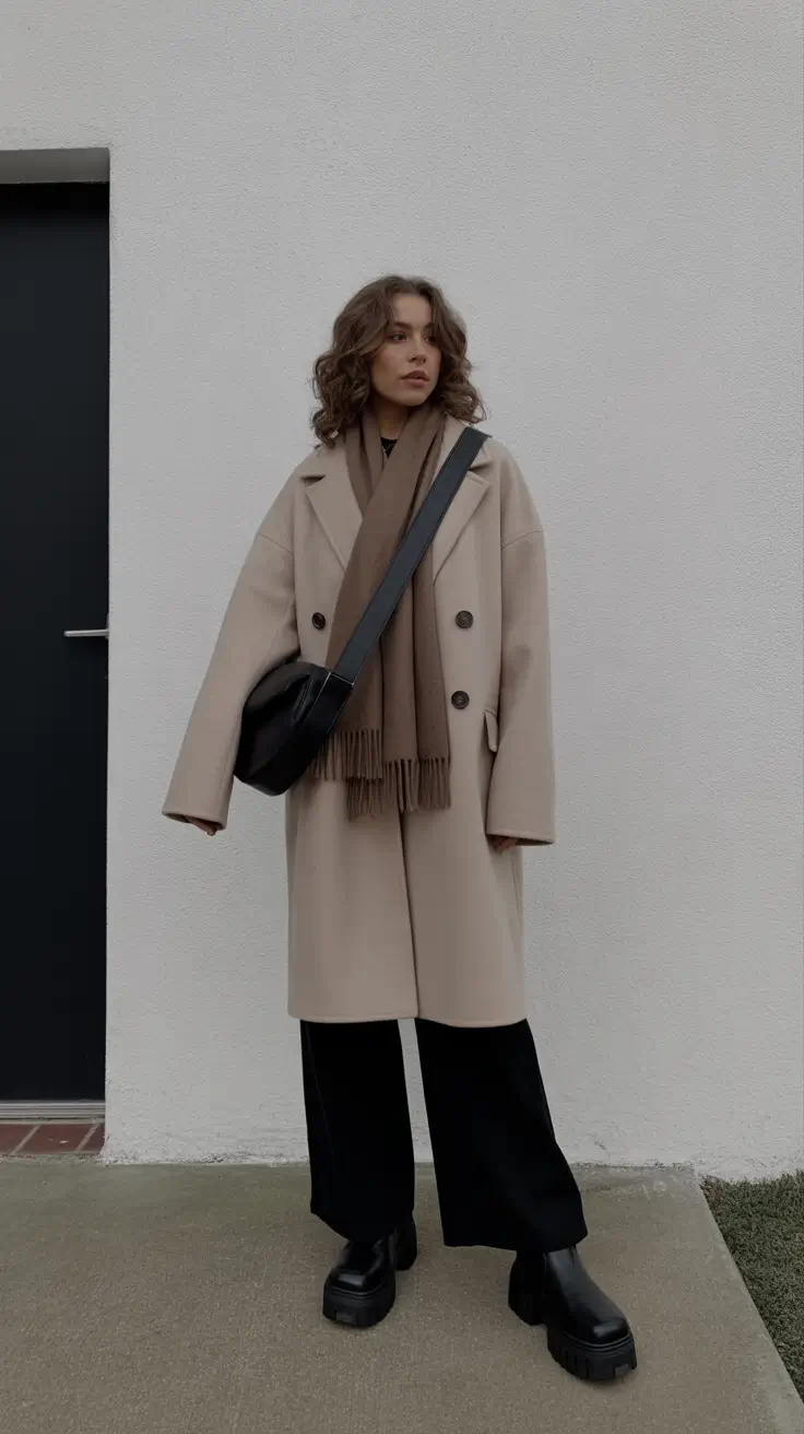 Trendy Winter Fashion Outfits 2025 - 2026 - Minimalist Taupe Topcoat With Cocoa Scarf And Chunky Boots