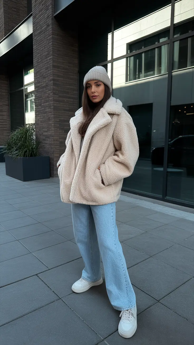 Trendy Winter Fashion Outfits 2025 - 2026 - Cozy Cream Teddy With Light Denim And Weekend Sneakers