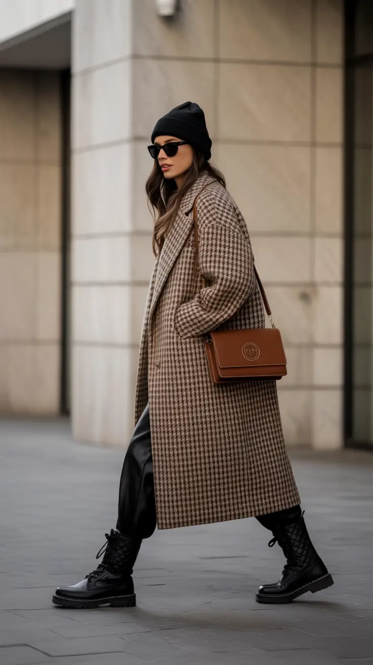 Trendy Winter Fashion Outfits 2025 - 2026 - Houndstooth Maxi Coat With Leather And Trail-Ready Boots