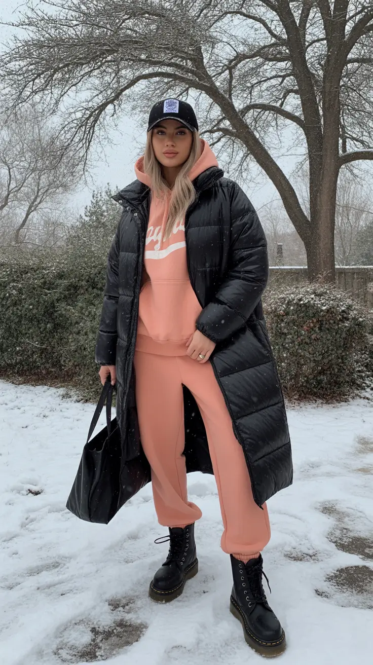 Trendy Winter Fashion Outfits 2025 - 2026 - Long Black Puffer Over Peach Hoodie Set And Combat Boots