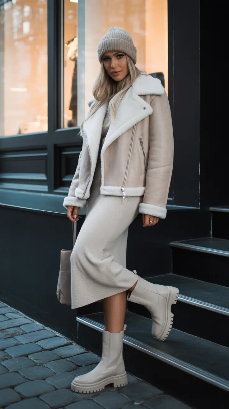 Trendy Winter Fashion Outfits 2025 - 2026 - Monochrome Taupe Shearling Moto With Ribbed Knit Midi