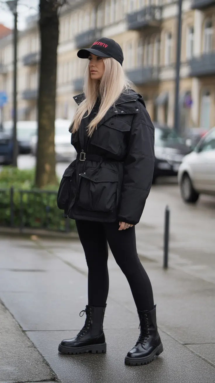 Trendy Winter Fashion Outfits 2025 - 2026 - All-Black Belted Parka, Leggings, And Combat Boots