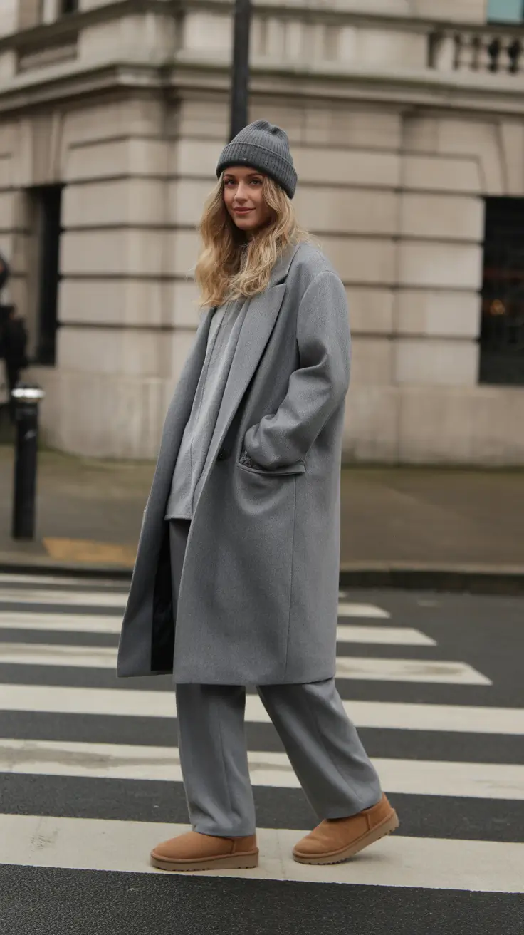 Trendy Winter Fashion Outfits 2025 - 2026 - Monochrome Grey Layers With Tan Shearling Boots