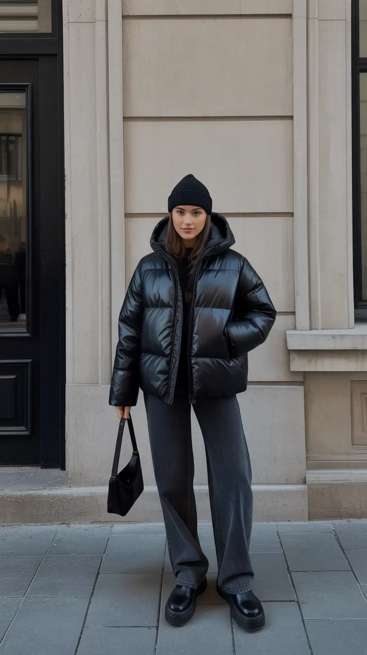 Trendy Winter Fashion Outfits 2025 - 2026 - All-Black Puffer Minimalism