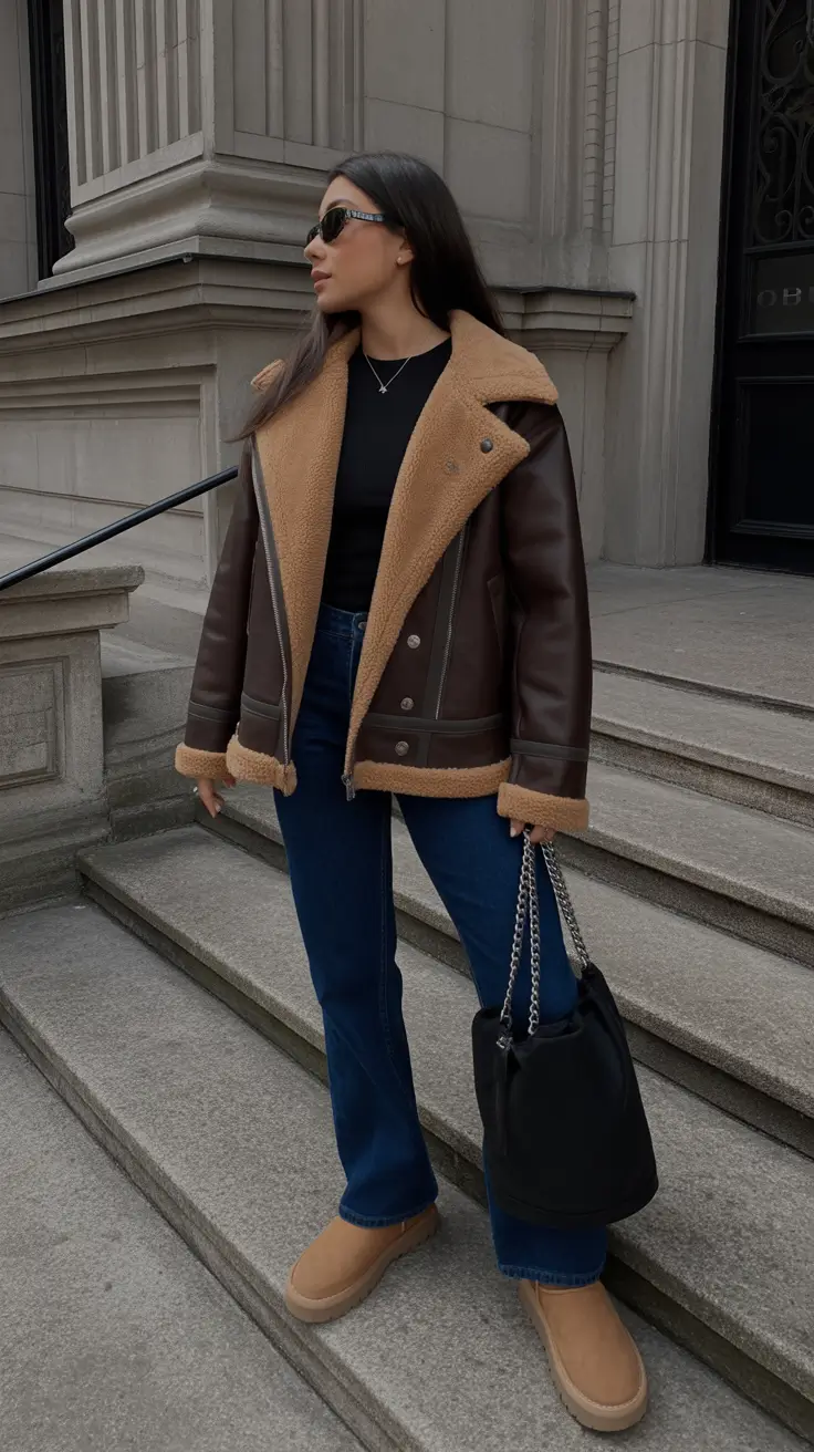 Trendy Winter Fashion Outfits 2025 - 2026 - Chocolate Shearling Plus Blue Denim Ease