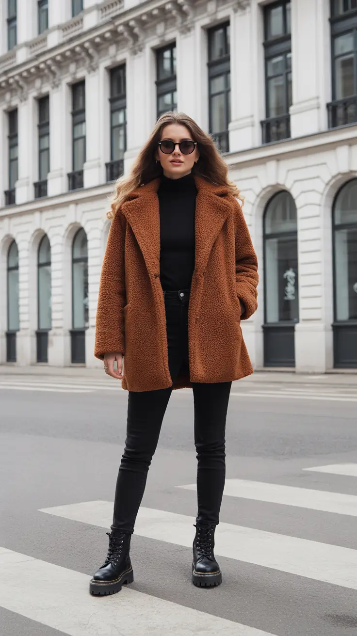 Trendy Winter Fashion Outfits 2025 - 2026 - Caramel Teddy Coat With an All-Black Urban Base
