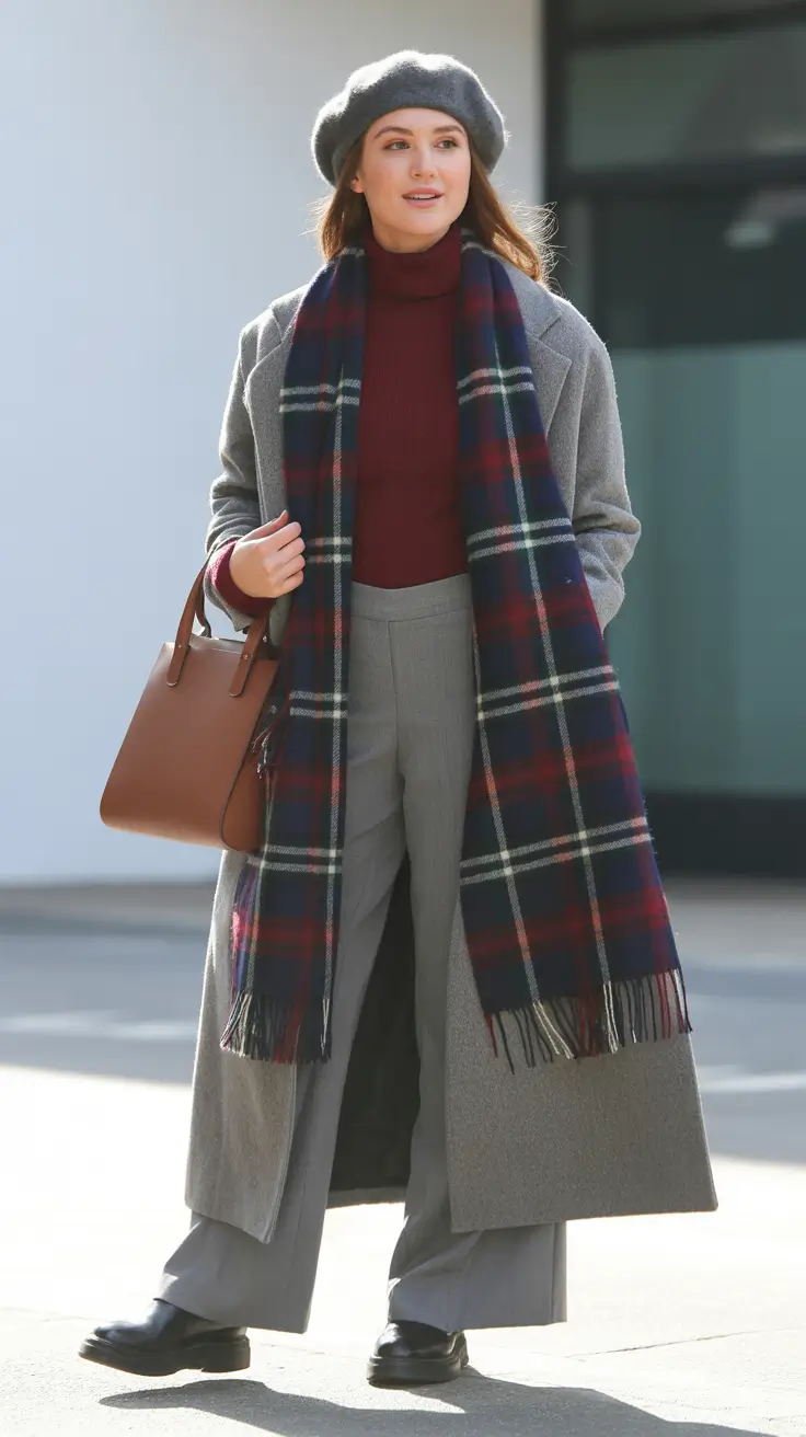 Trendy Winter Fashion Outfits 2025 - 2026 - Parisian-Lean Gray Coat, Plaid Scarf, and Soft-Tailored Trousers