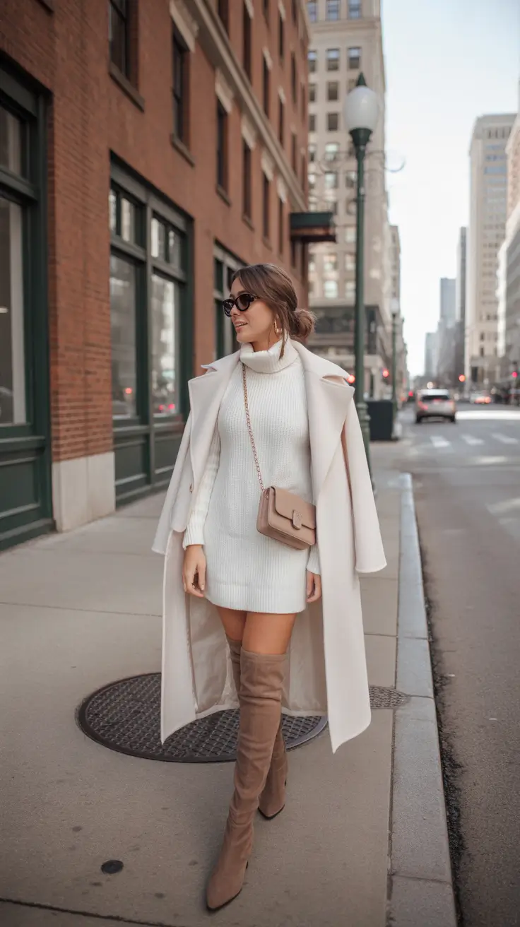 Trendy Winter Fashion Outfits 2025 - 2026 - Winter Whites: Sweater Dress, Over-the-Knee Suede Boots, Long Coat