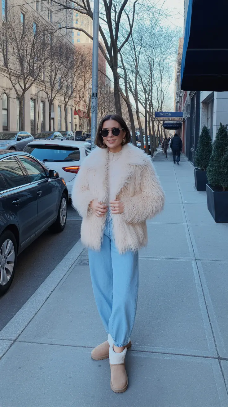 Winter 2025 - 2026 Outfits Ideas with Uggs - Cream Shearling + Light Denim City Cozy