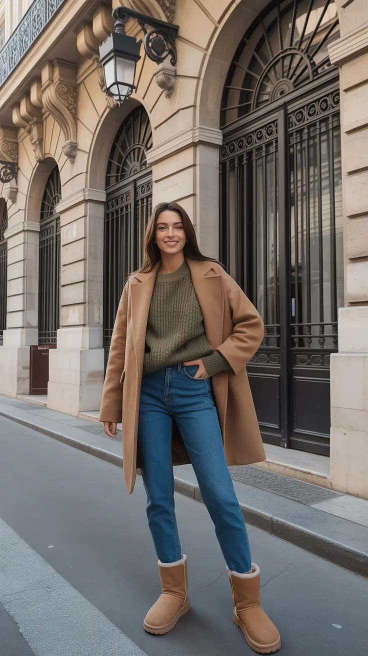 Winter 2025 - 2026 Outfits Ideas with Uggs - Camel Coat, Olive Knit, Clean Blue Jeans