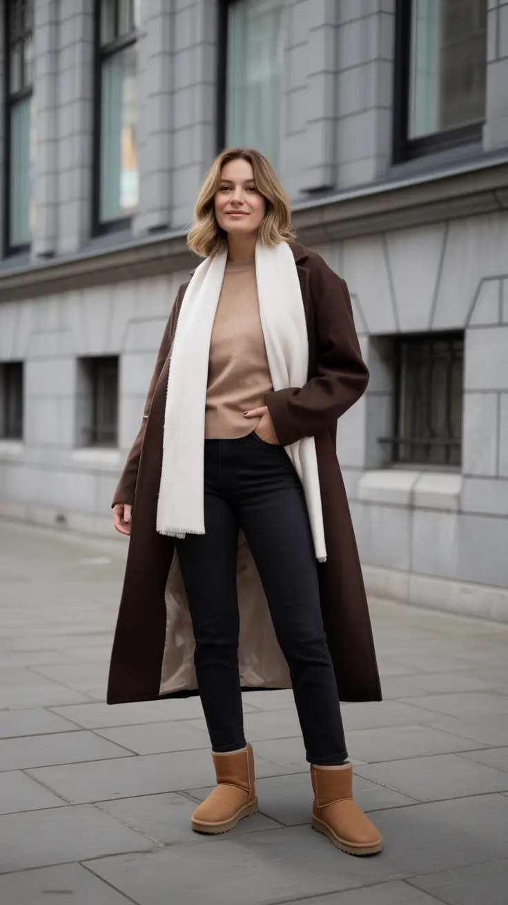 Winter 2025 - 2026 Outfits Ideas with Uggs - Espresso Coat, Ivory Scarf, and Sleek Black Denim