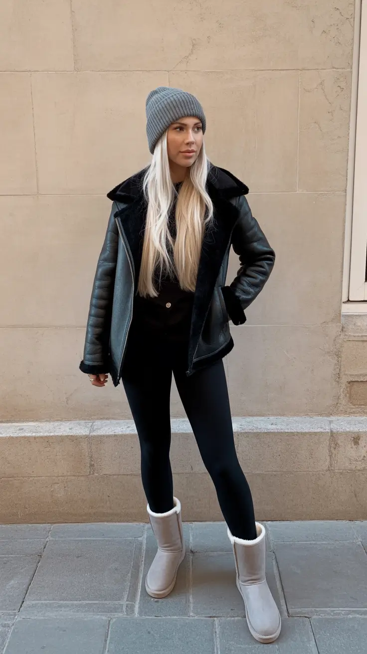 Winter 2025 - 2026 Outfits Ideas with Uggs - All-Black Moto Layers With Cloud-Gray Uggs