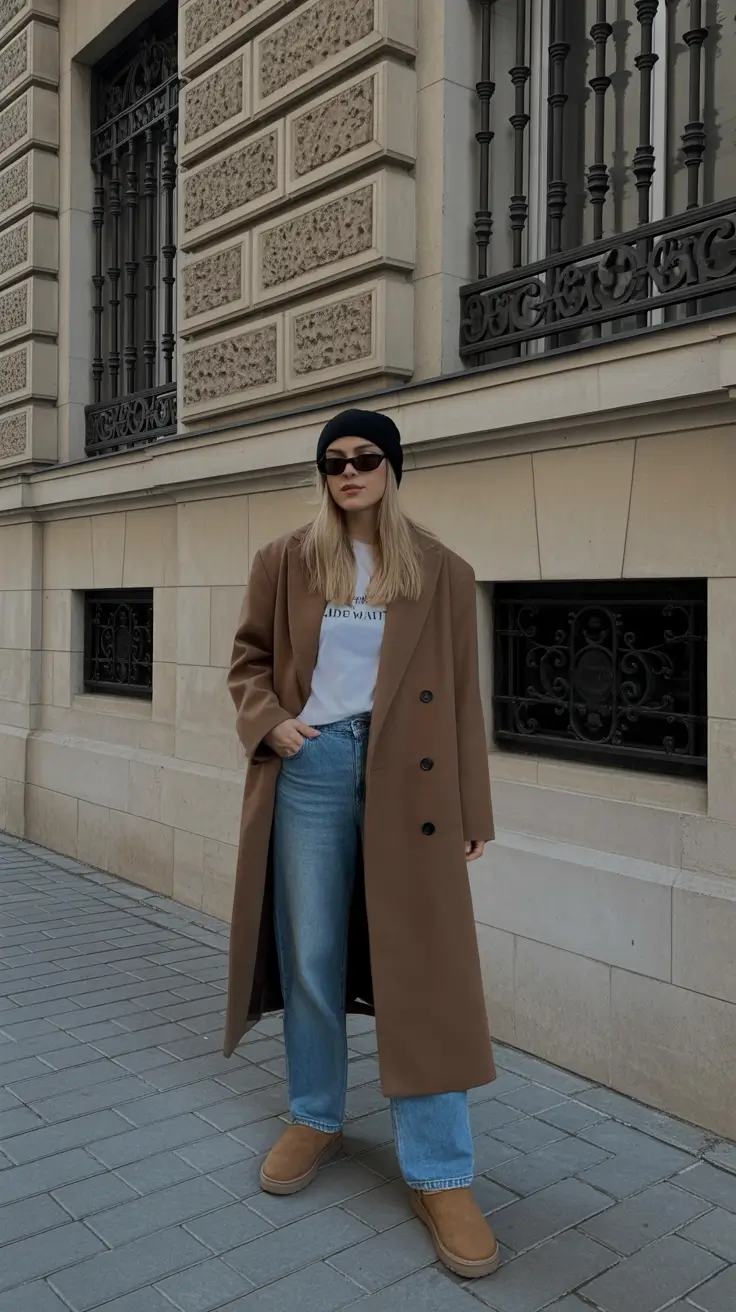 Winter 2025 - 2026 Outfits Ideas with Uggs - Camel Coat, Graphic Tee, and Beanie Weekend Mix