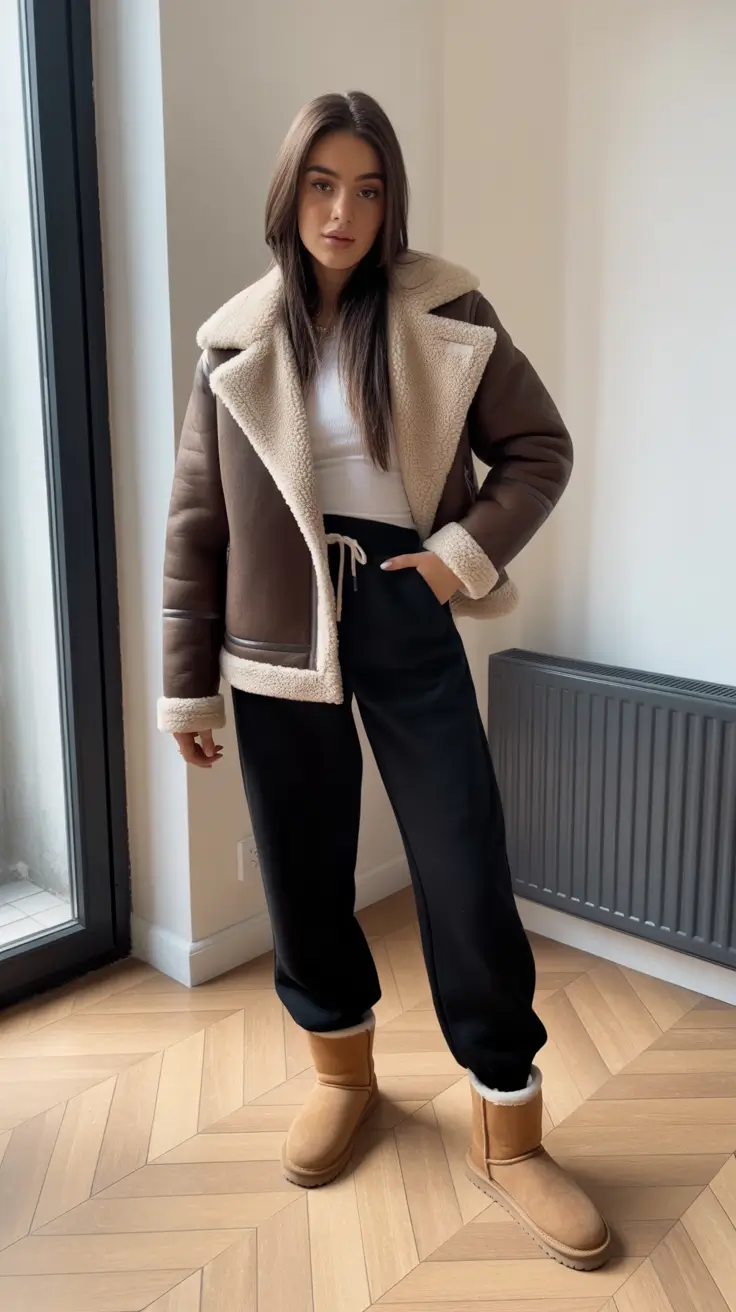 Winter 2025 - 2026 Outfits Ideas with Uggs - Aviator Shearling With Sporty Joggers