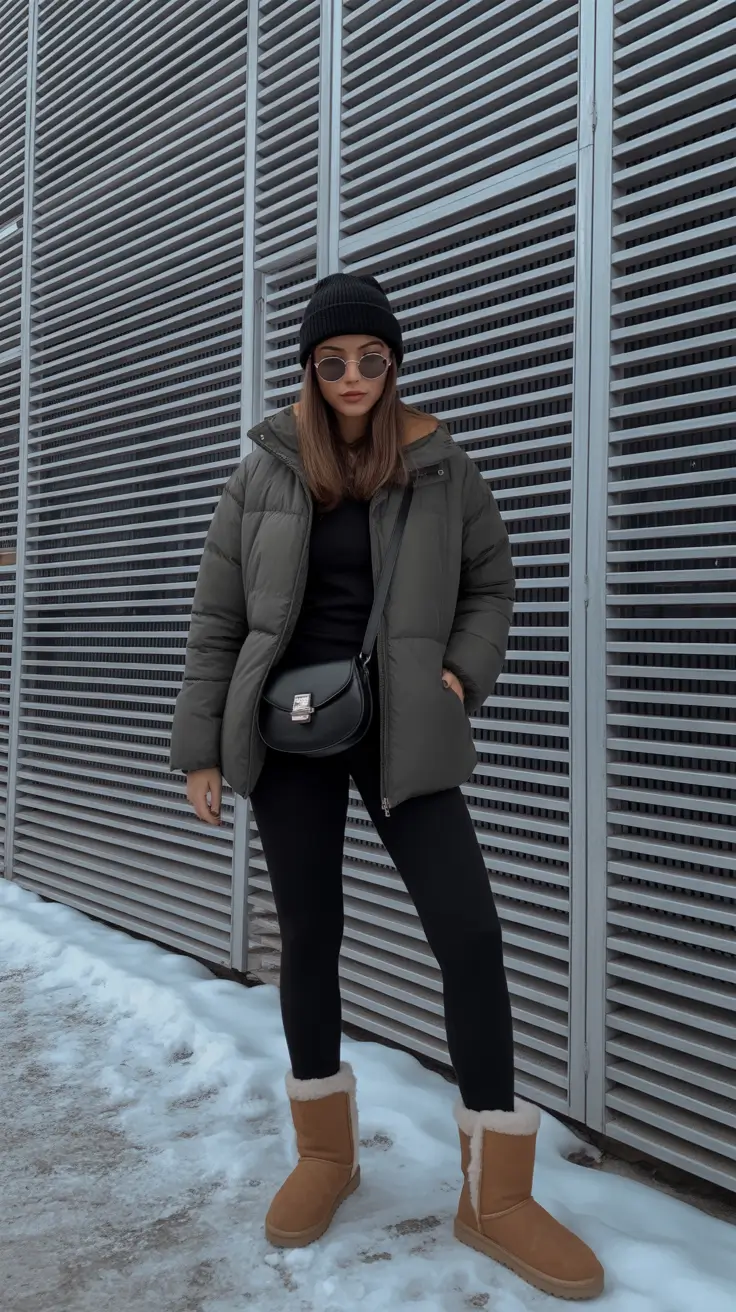 Winter 2025 - 2026 Outfits Ideas with Uggs - All Black Base With Utility Puffer
