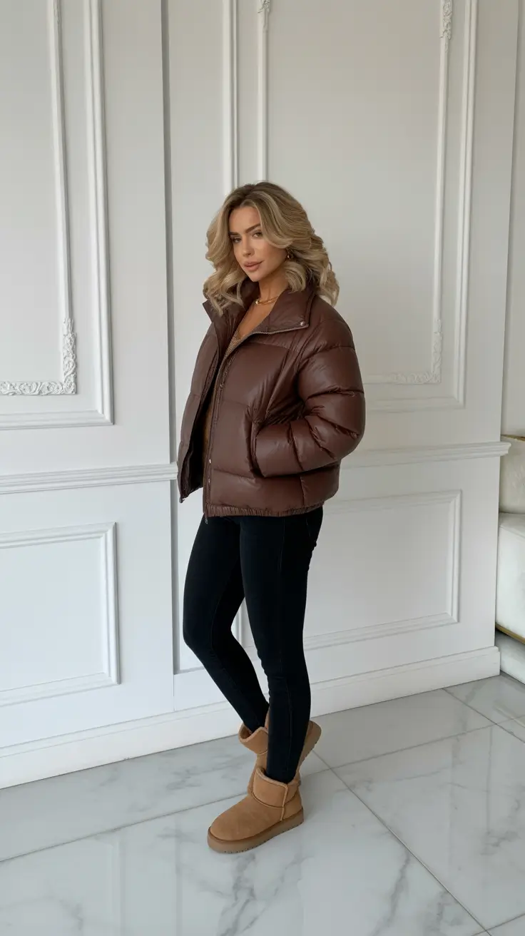 Winter 2025 - 2026 Outfits Ideas with Uggs - Chocolate Puffer With Sleek Black Base