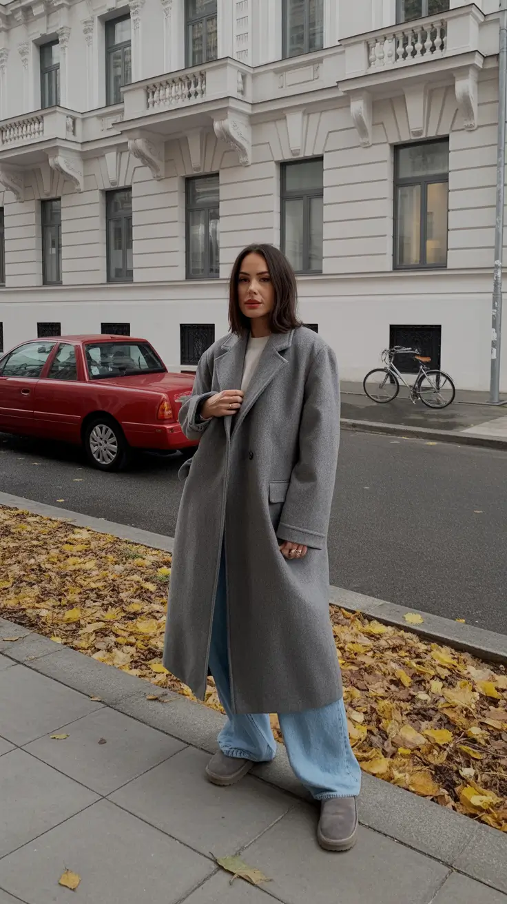 Winter 2025 - 2026 Outfits Ideas with Uggs - Gray Coat With Slouchy Blue Denim
