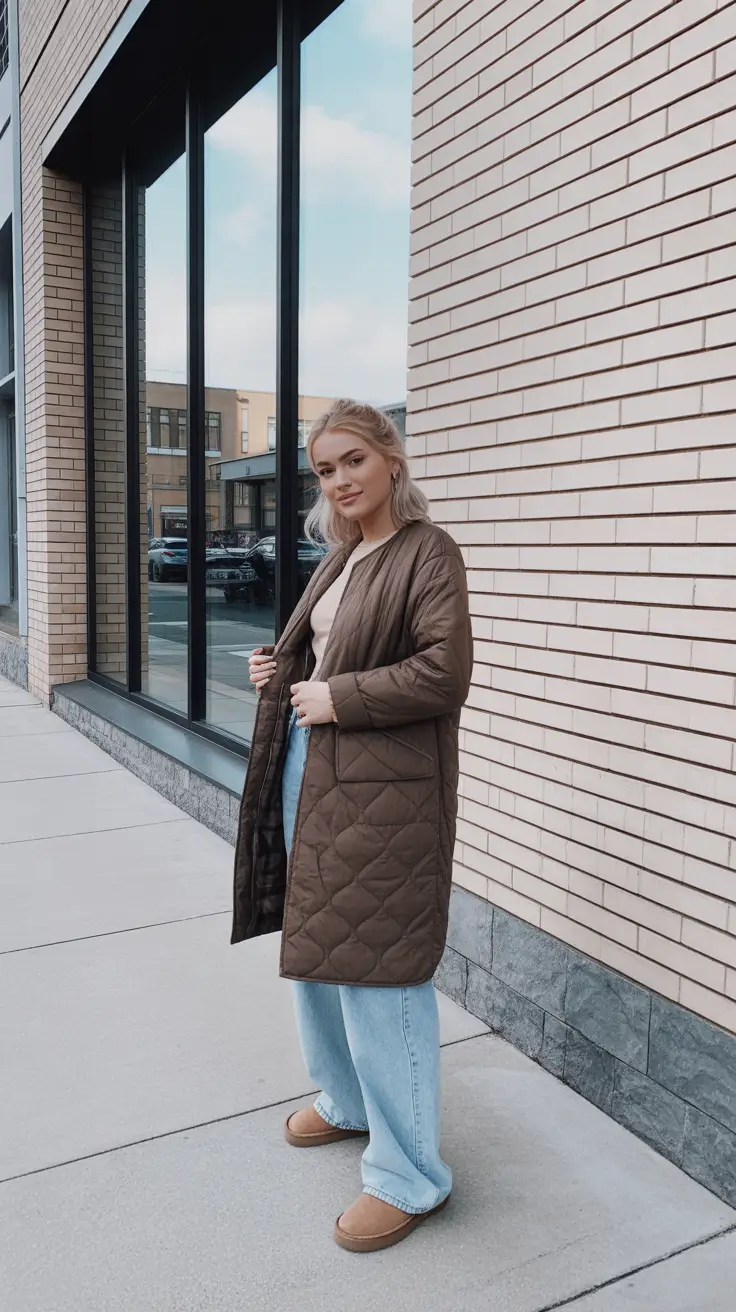 Winter 2025 - 2026 Outfits Ideas with Uggs - Quilted Liner Coat With Soft Denim