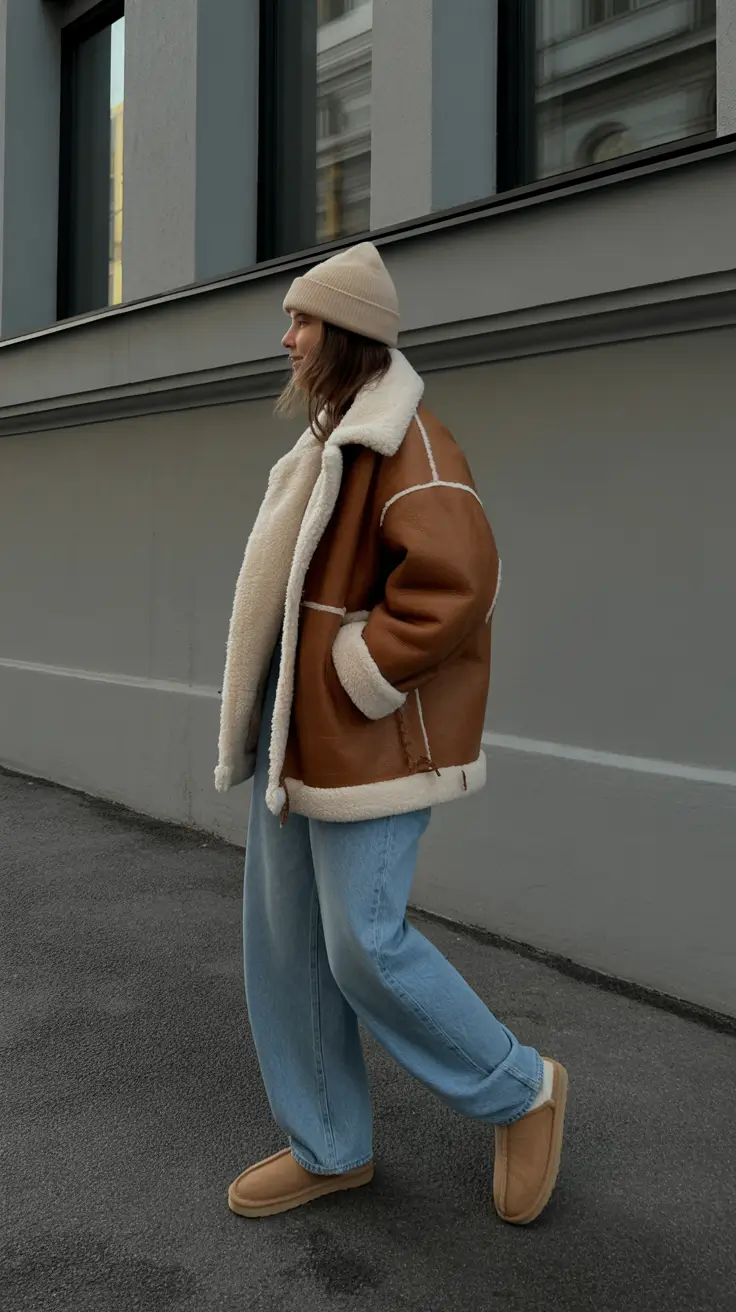 Winter 2025 - 2026 Outfits Ideas with Uggs - Shearling Aviator With Slouchy Denim