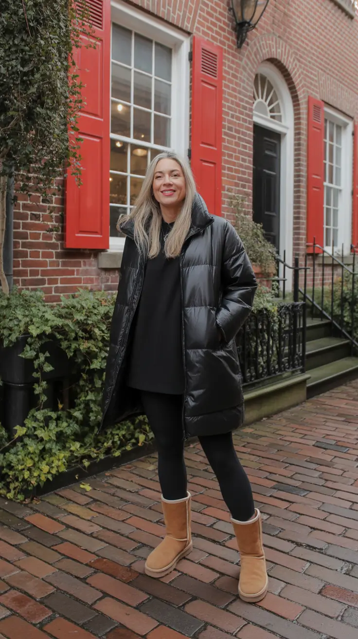 Winter 2025 - 2026 Outfits Ideas with Uggs - Glossy Puffer And All Black Base