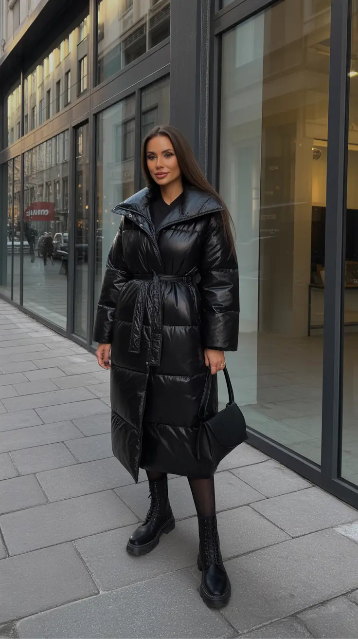 winter capsule wardrobe - Belted Black Puffer With City-Ready Combat Boots