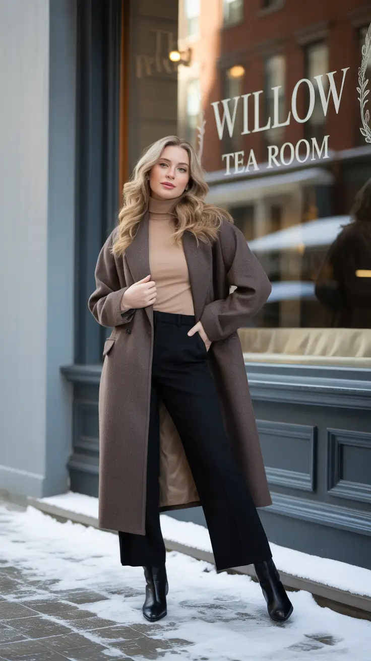 Winter Capsule Wardrobe for Women 2025 - 2026 - Deep Mocha Coat With Tailored Black Trousers