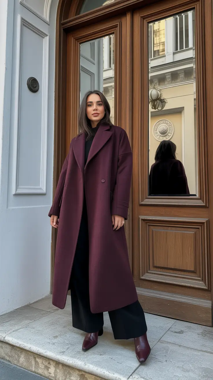 winter capsule wardrobe - Burgundy Coat With Sharp Black Foundations