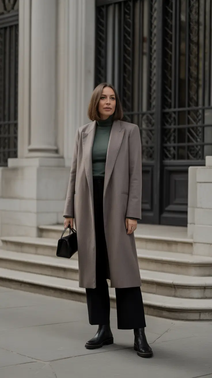 winter capsule wardrobe - Soft-Gray Coat With Forest Turtleneck and Black Crops