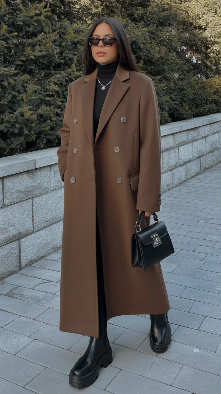 winter capsule wardrobe - Chocolate Double-Breasted Over an All-Black Column