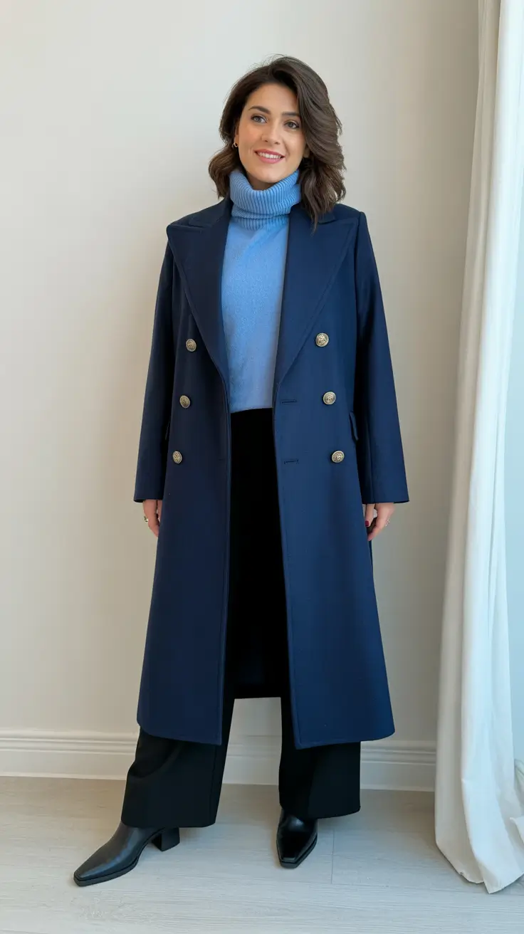 Winter Capsule Wardrobe for Women 2025 - 2026 - Navy Double-Breasted Coat With Sky-Blue Knit