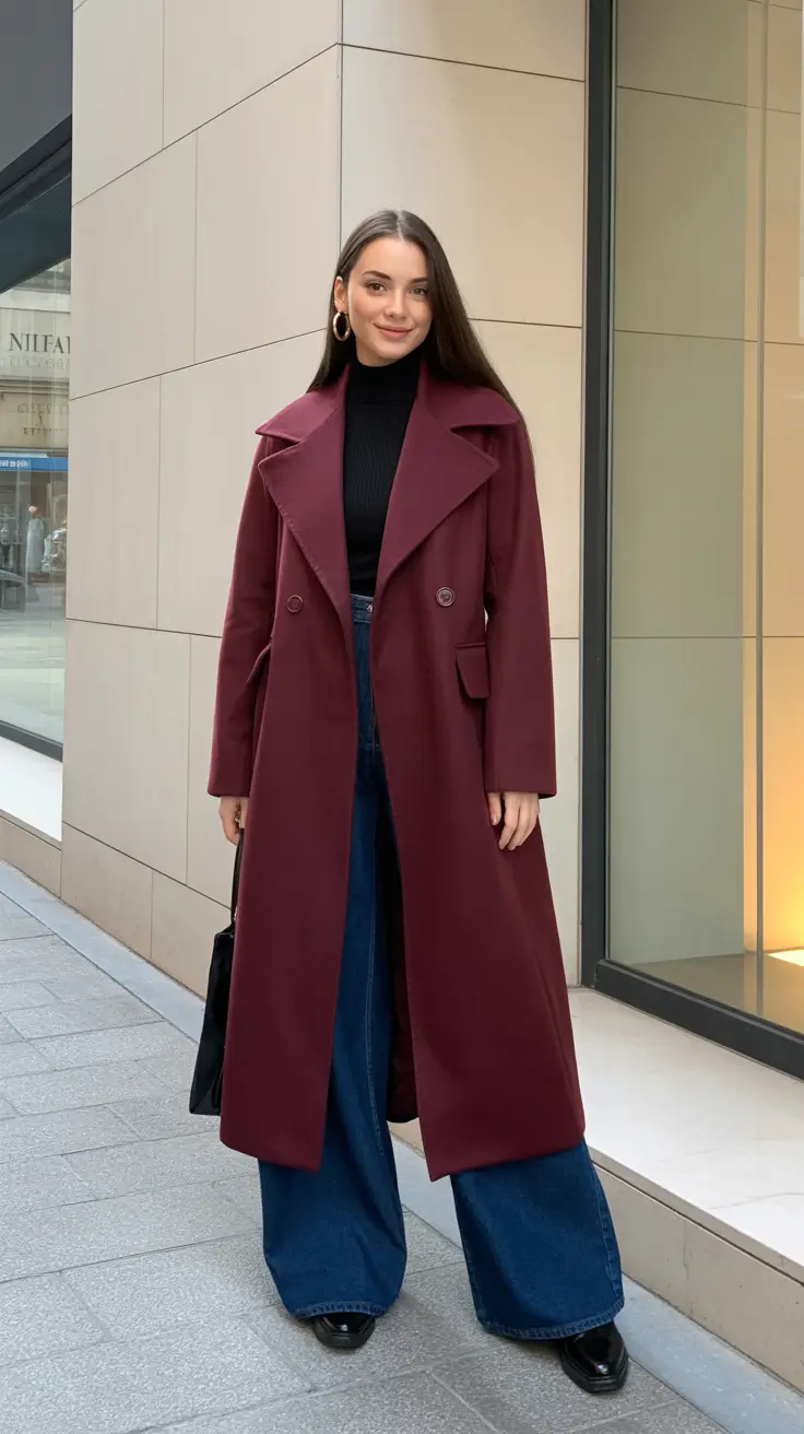 Winter Capsule Wardrobe for Women 2025 - 2026 - Merlot Coat With Black Turtleneck And Wide Denim