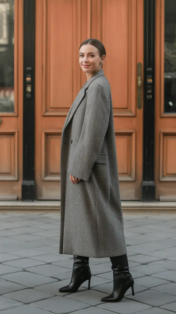 Herringbone Longline Coat With Heeled Boots in Winter Capsule Wardrobe for Women 2025-2026